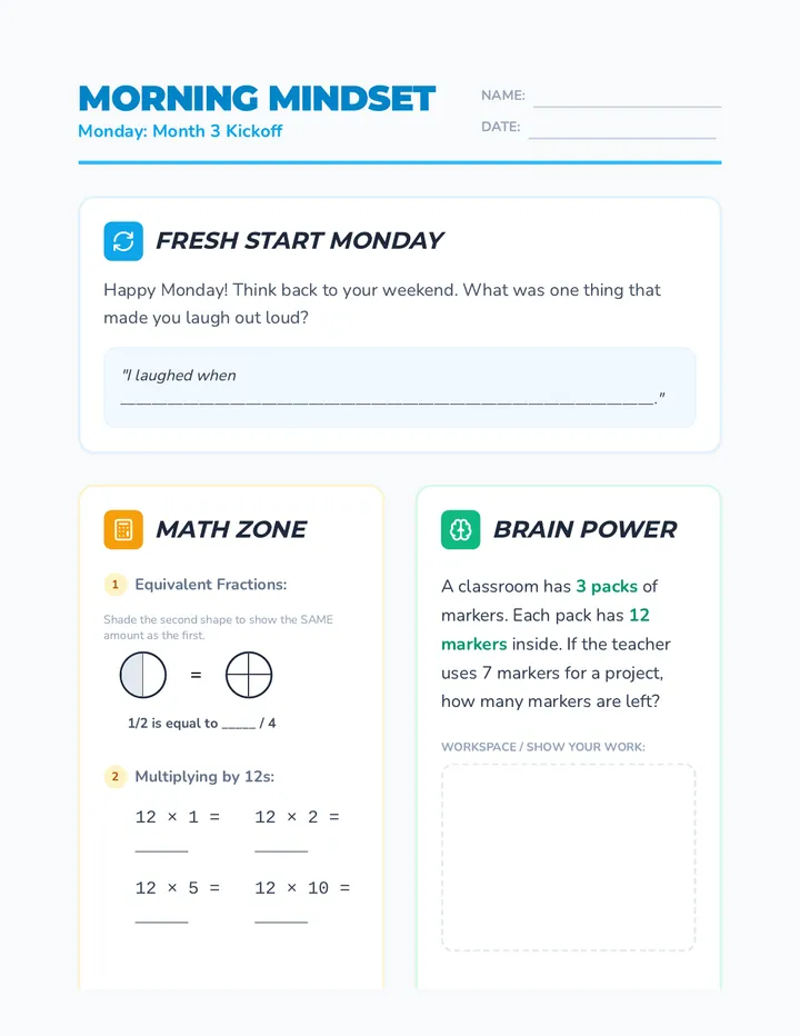 Monday Month 3 Week 1 Worksheet
