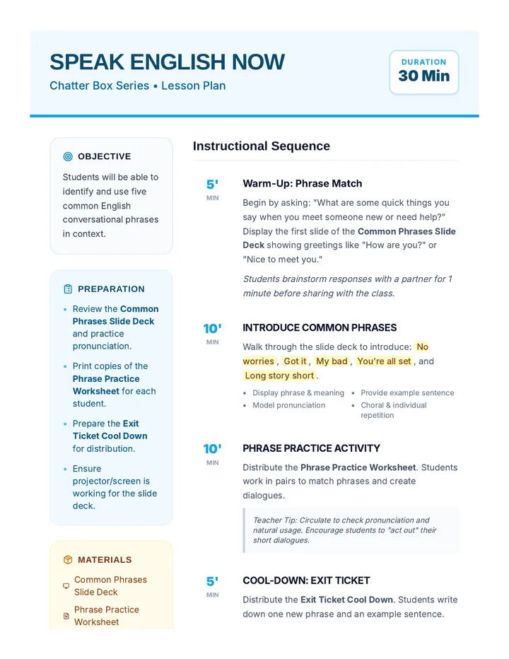 Chatter Box Lesson Plan