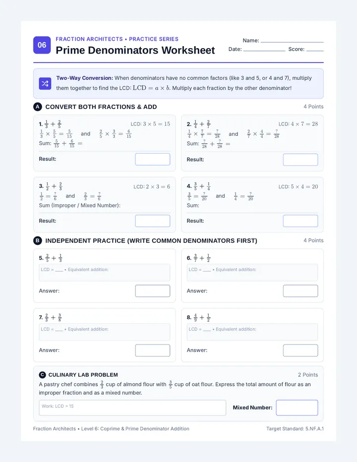 Prime Denominators Worksheet