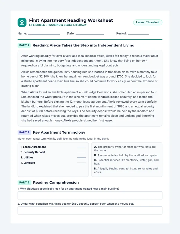 First Apartment Reading Worksheet