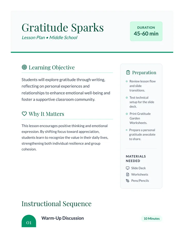 Gratitude Sparks Lesson Plan