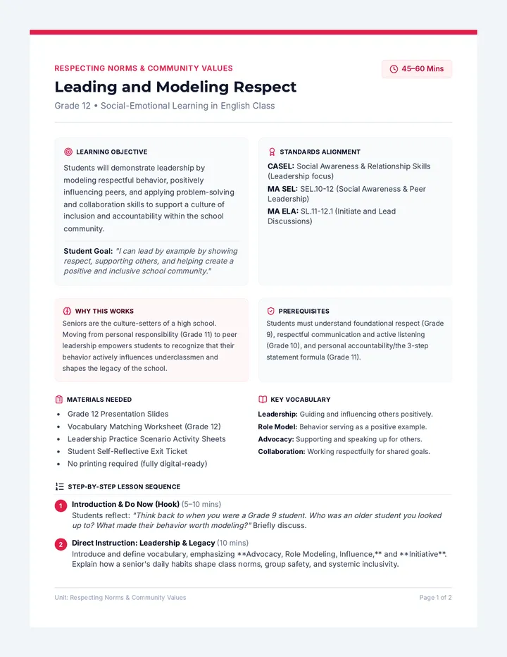 Leading and Modeling Respect Teacher Guide