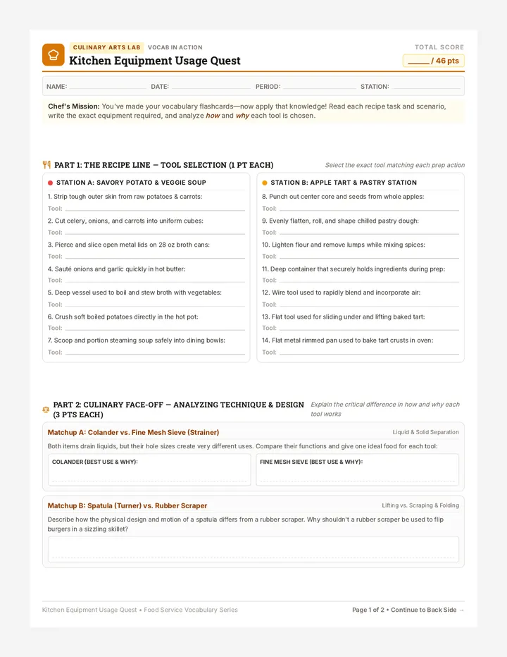 Kitchen Equipment Quest Worksheet