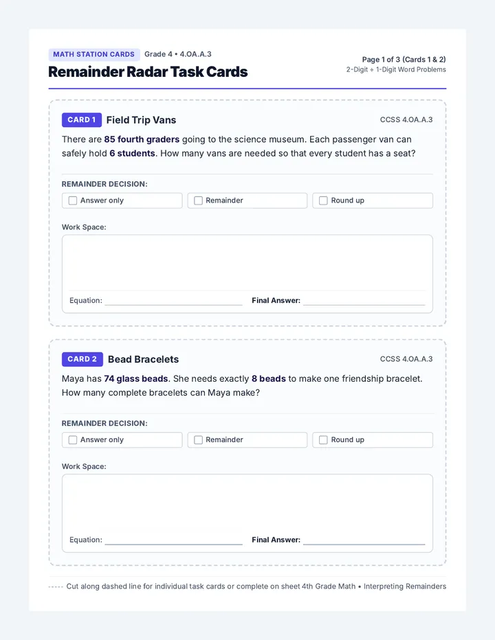 Remainder Radar Task Cards