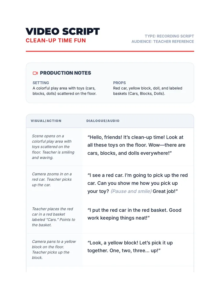 Clean-Up Time Video Script Resource