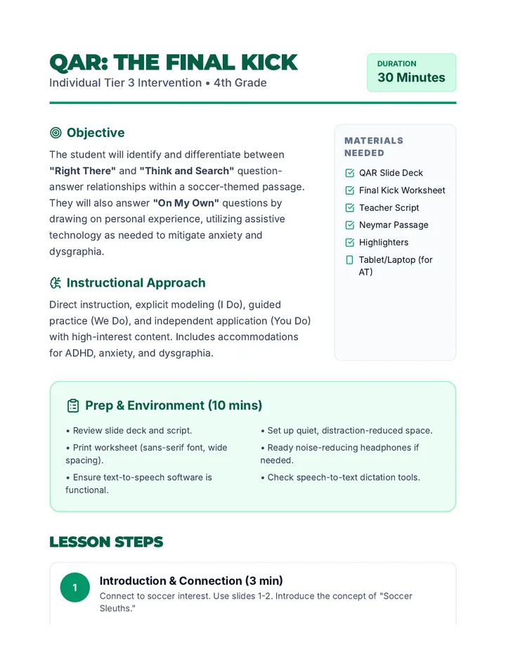 QAR The Final Kick Lesson Plan