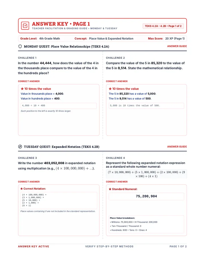 Number Quest Answer Key