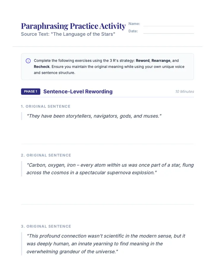 Paraphrasing Practice Activity Handout