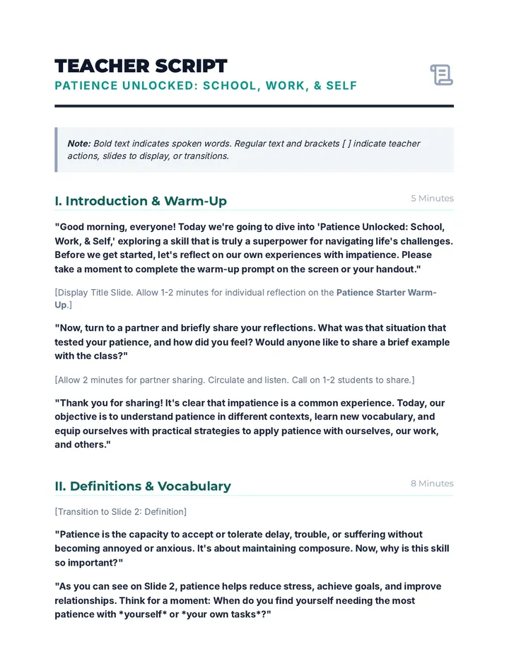 Patience Unlocked Teacher Script