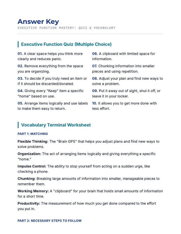 Executive Function Answer Key