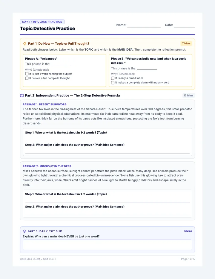Core Idea Practice Worksheets