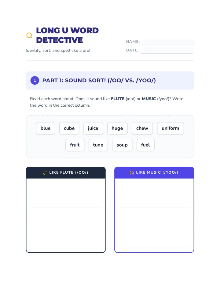 Long U Word Detective Worksheet Student