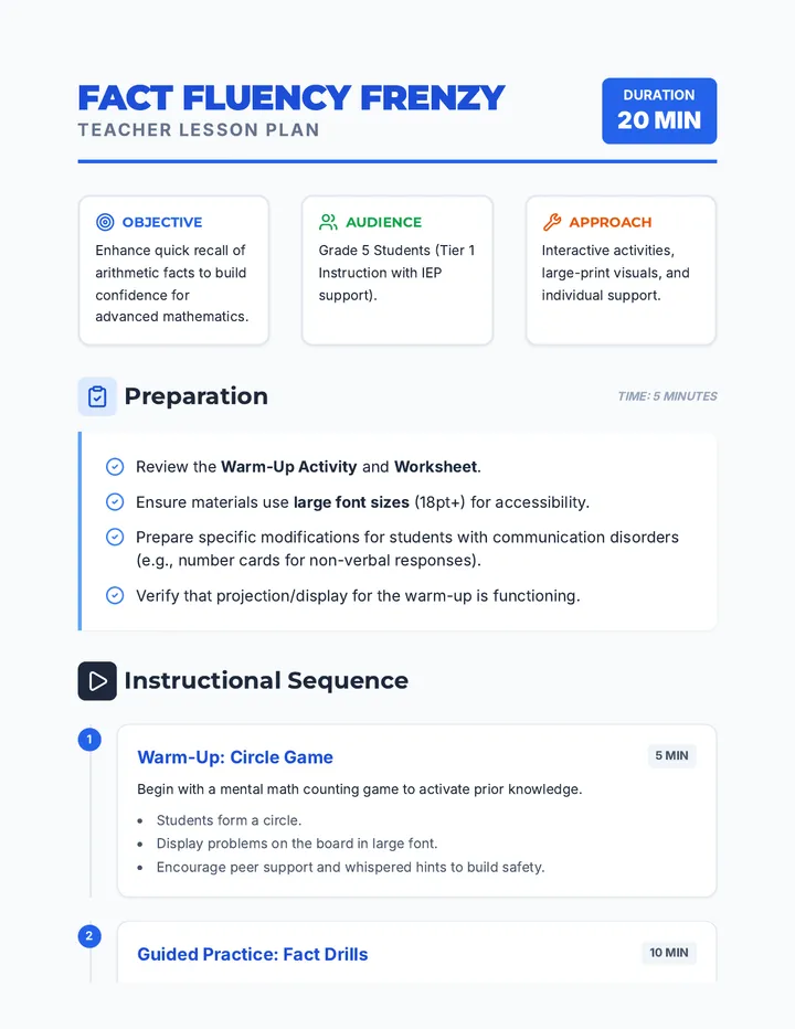 Fact Fluency Frenzy Lesson Plan Teacher Guide