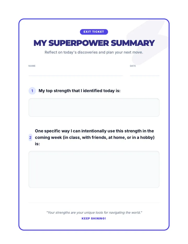 My Superpower Summary Exit Ticket