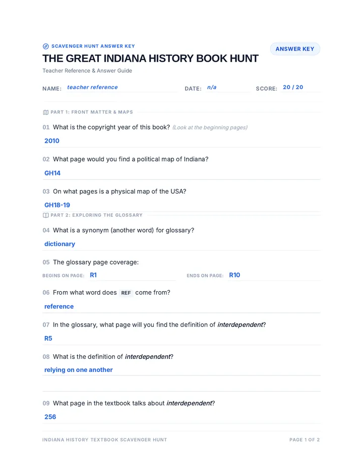 Book Hunt Answer Key