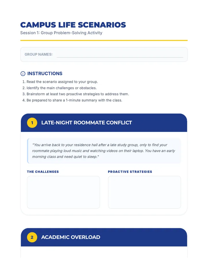 Campus Life Scenarios Activity Sheet