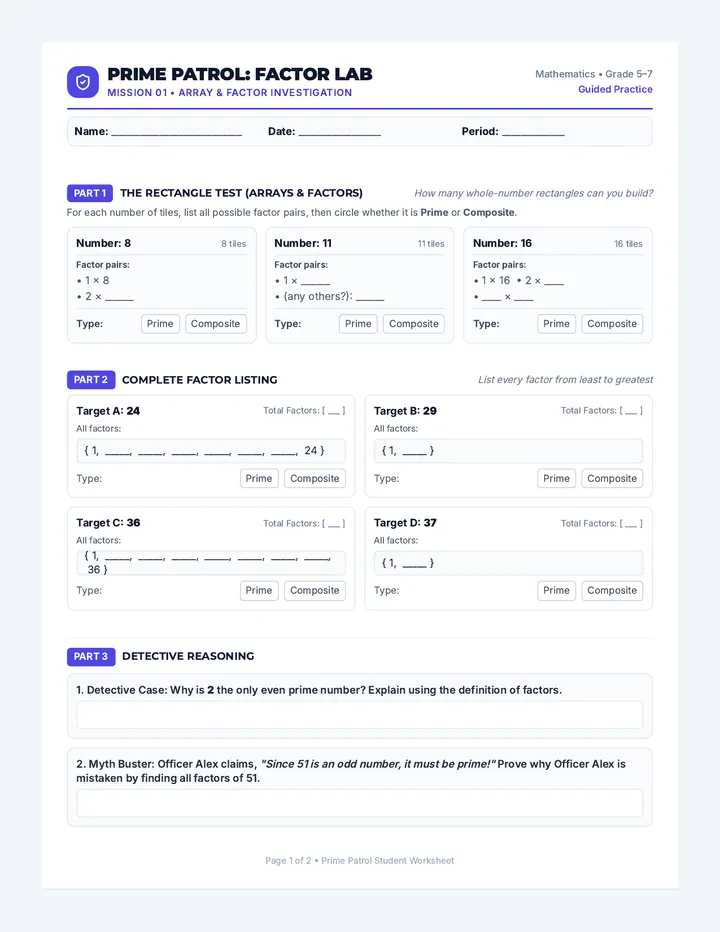 Prime Patrol Worksheet