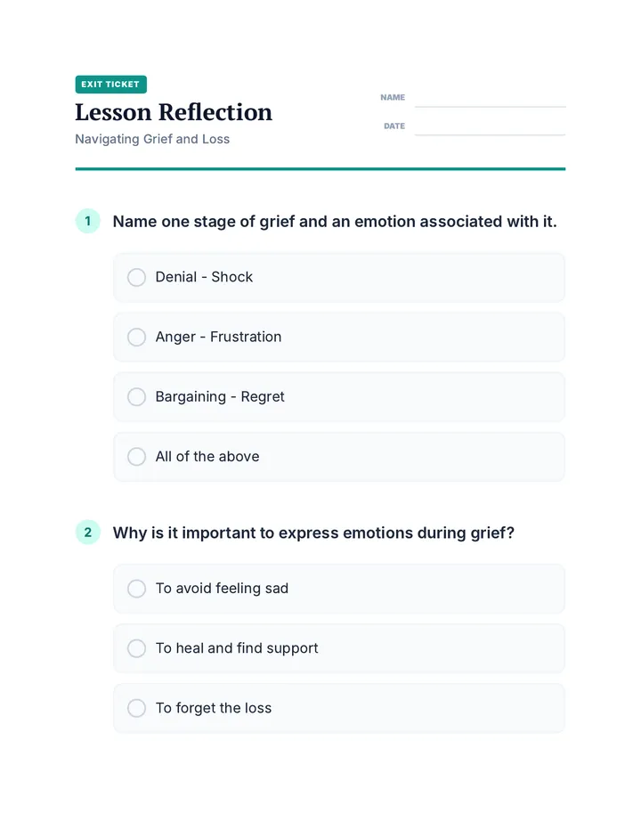 Grief Reflection Exit Ticket