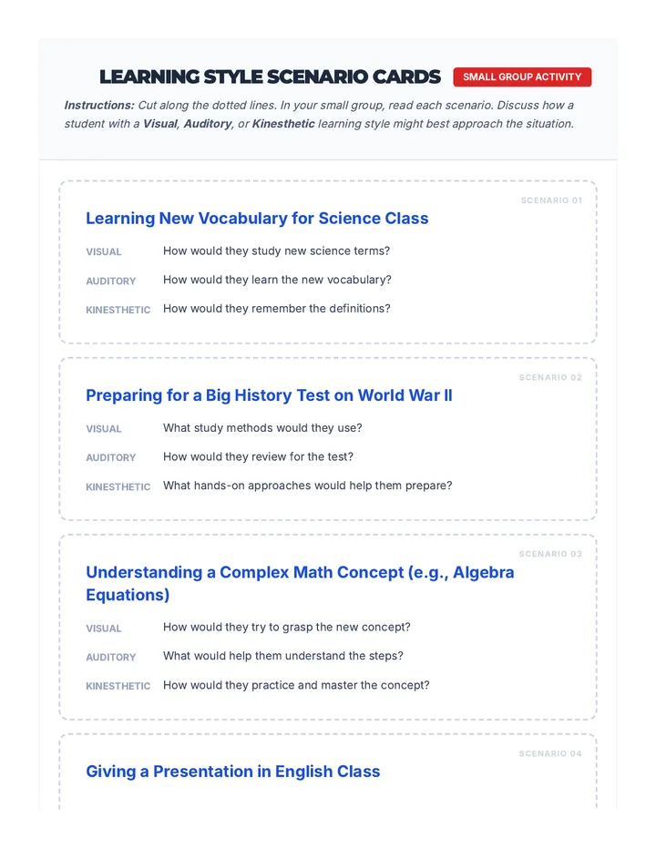 Learning Style Scenario Cards
