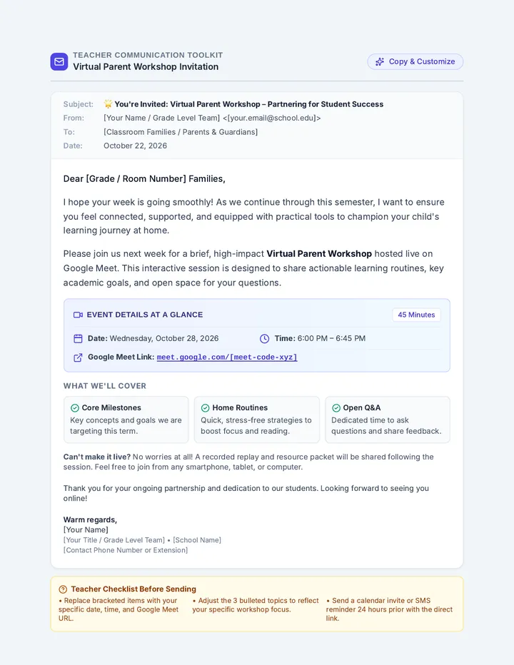 Virtual Workshop Invite Email