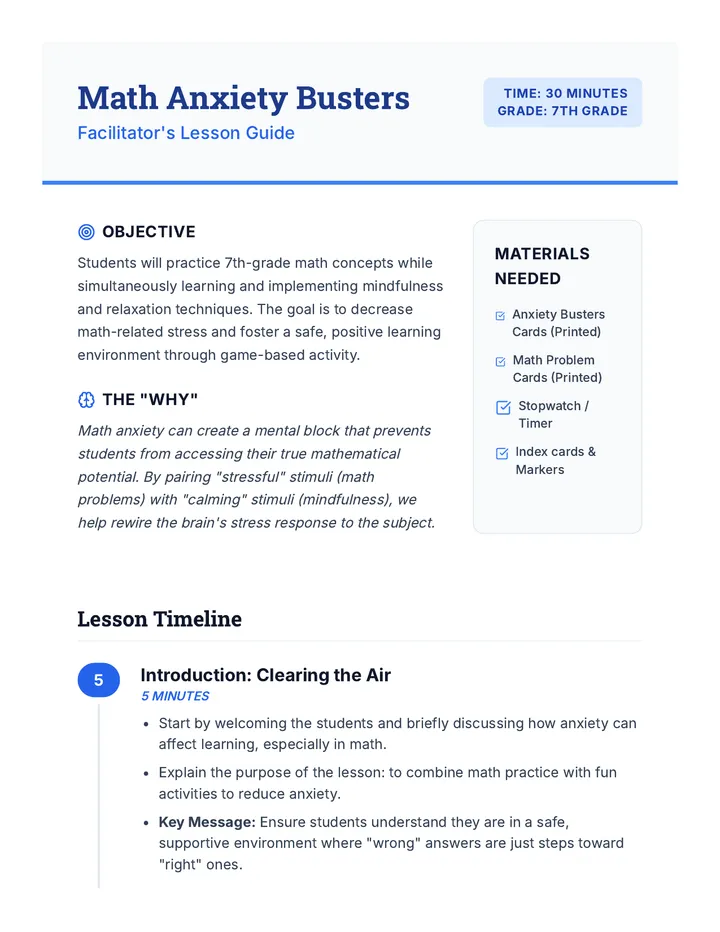Math Anxiety Busters Lesson Plan