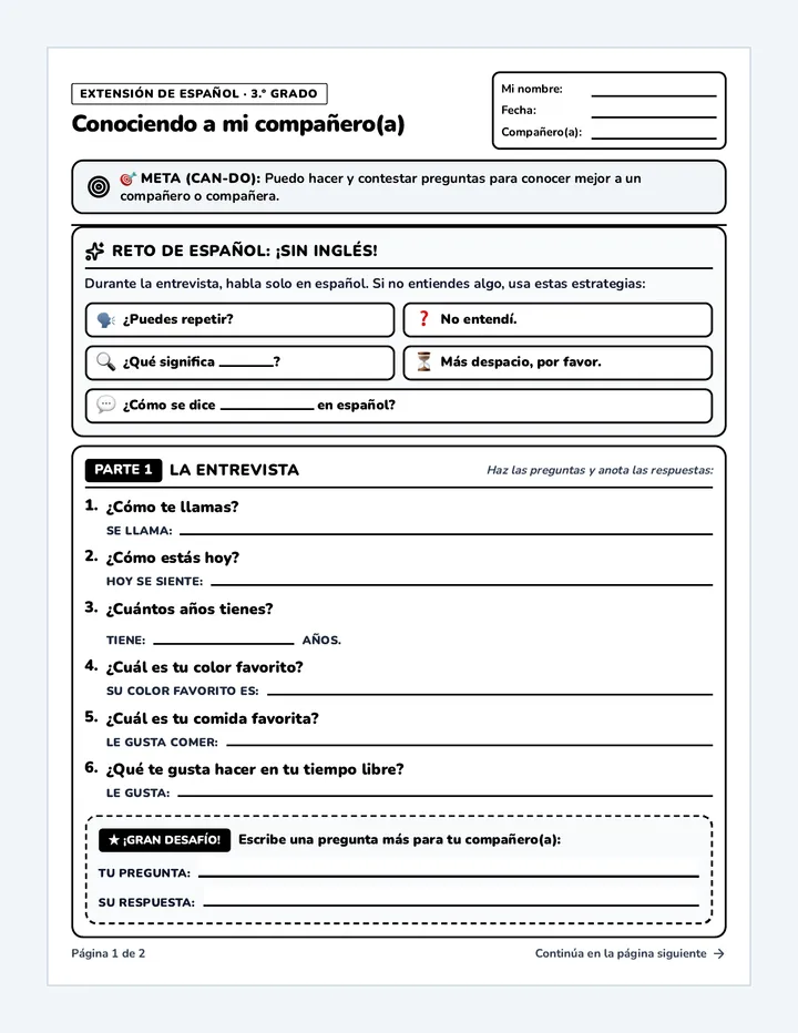 Conociendo Compañeros Activity Sheet