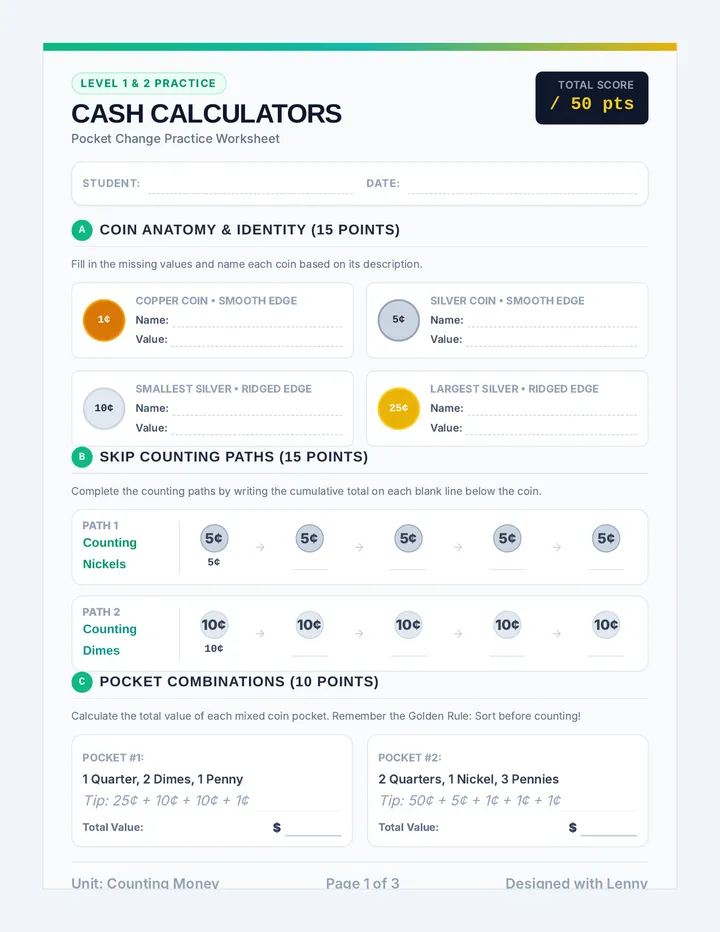 Pocket Change Practice Worksheet