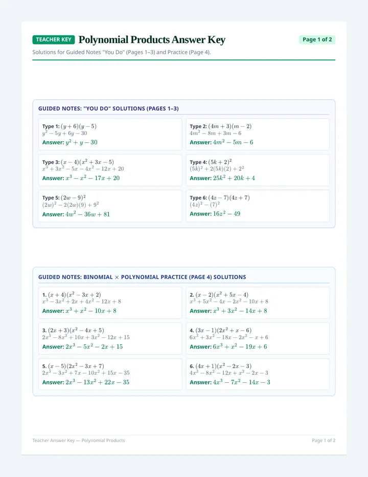 Polynomial Products Answer Key