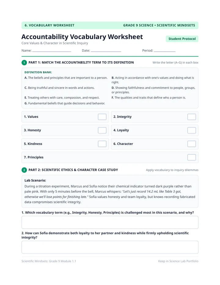 Accountability Vocabulary Worksheet