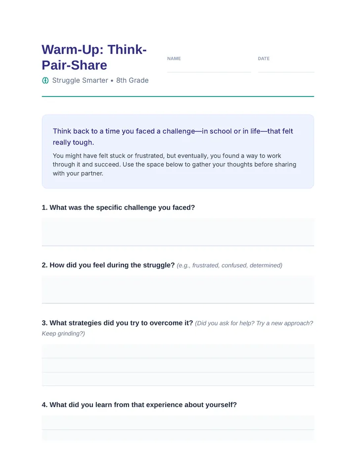 Warm Up Think Pair Share Worksheet