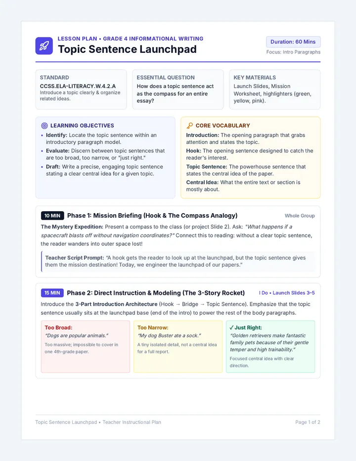 Topic Sentence Teacher Plan