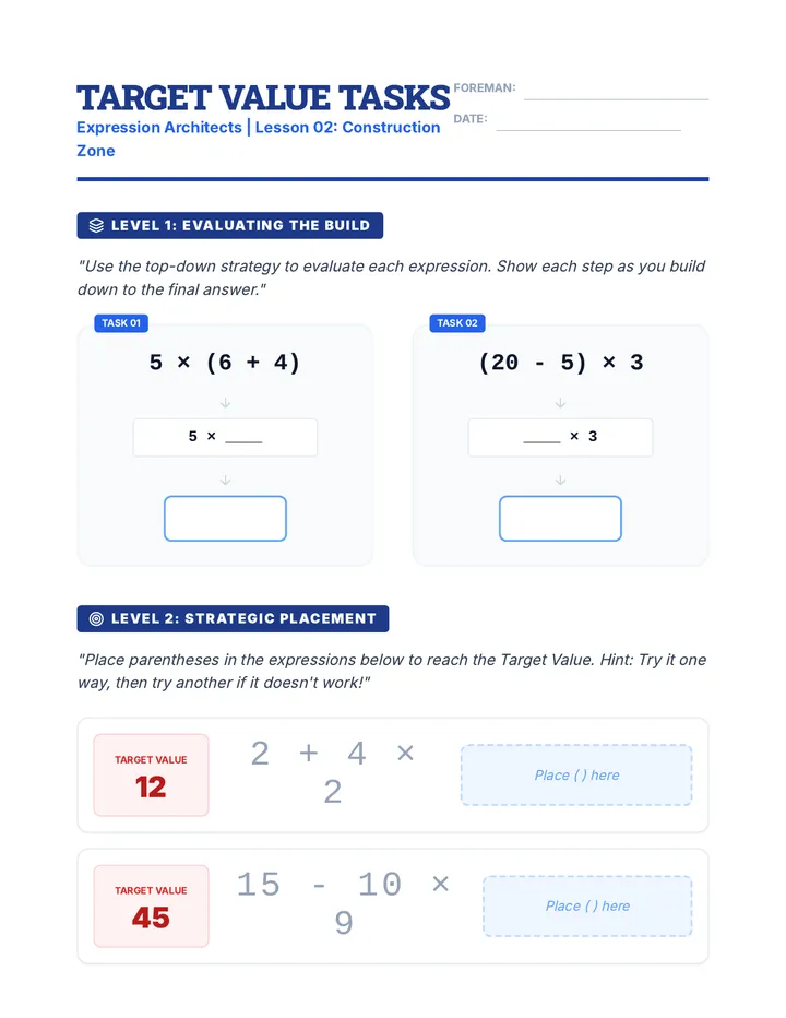 Target Value Tasks Worksheet