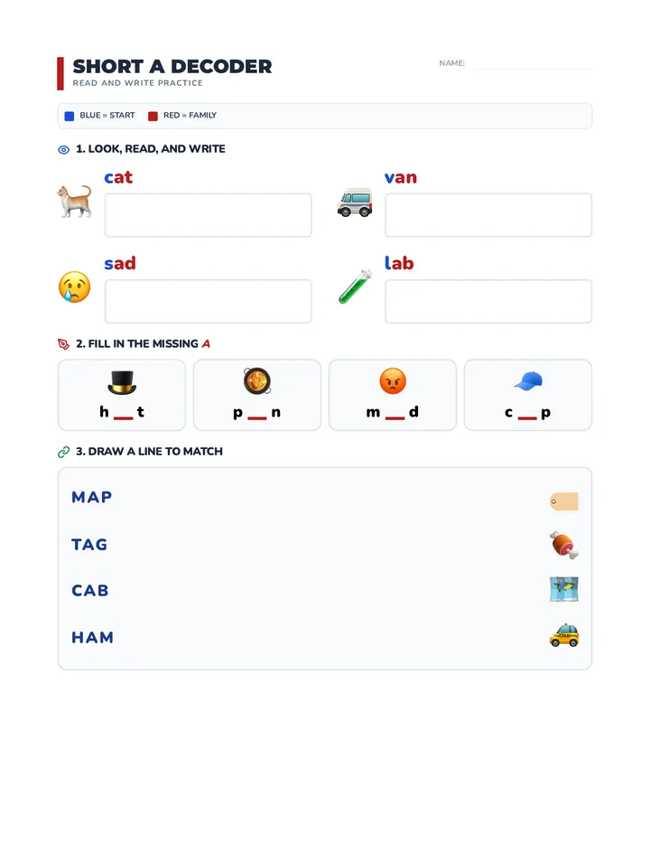 Short a Decoding Worksheet