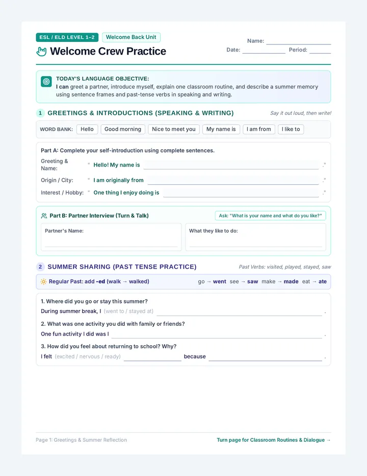Welcome Crew Student Worksheet