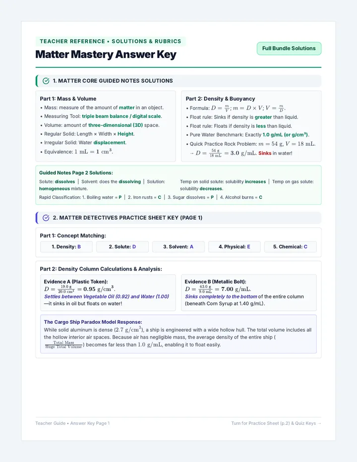 Matter Mastery Answer Key