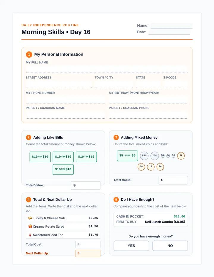 Morning Skills Day 16 Worksheet