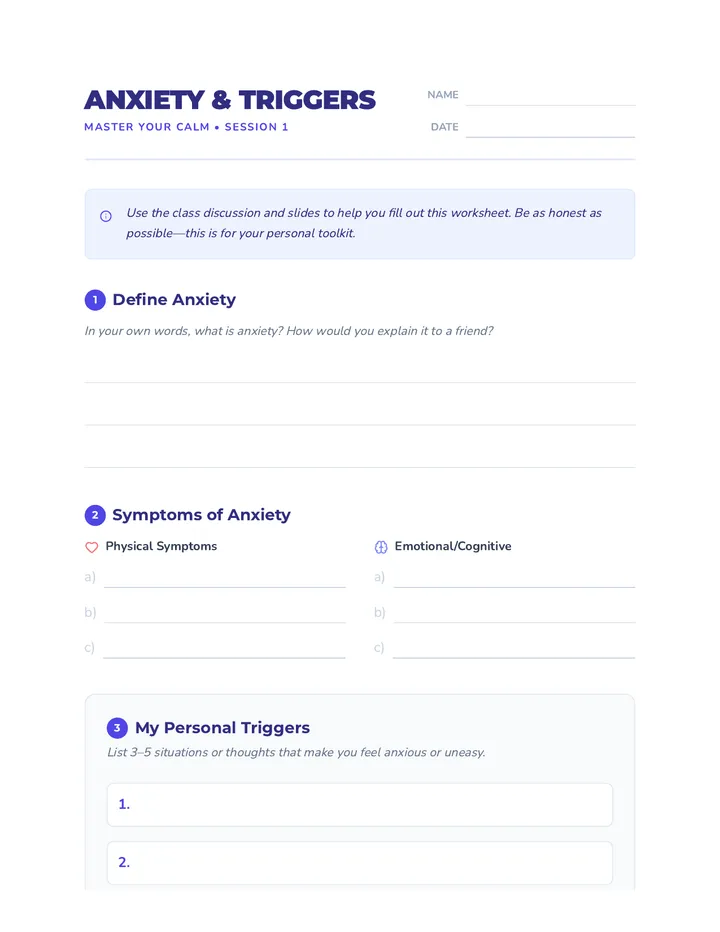 Anxiety Definition and Triggers Worksheet