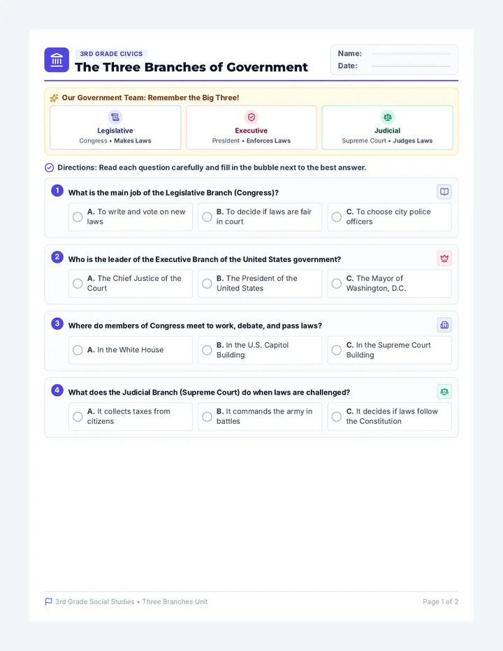 Government Branches Worksheet