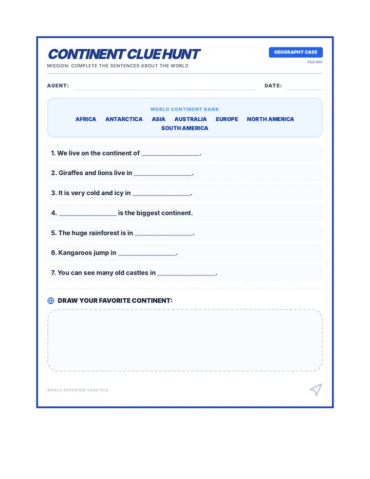 Continent Clue Hunt Worksheet