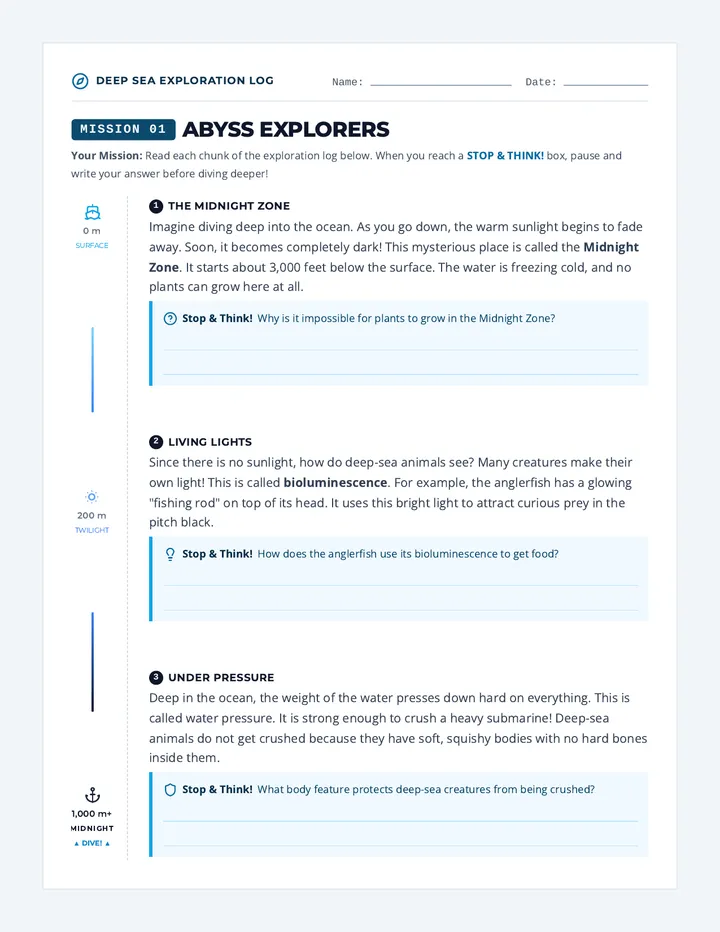 Abyss Explorers Worksheet