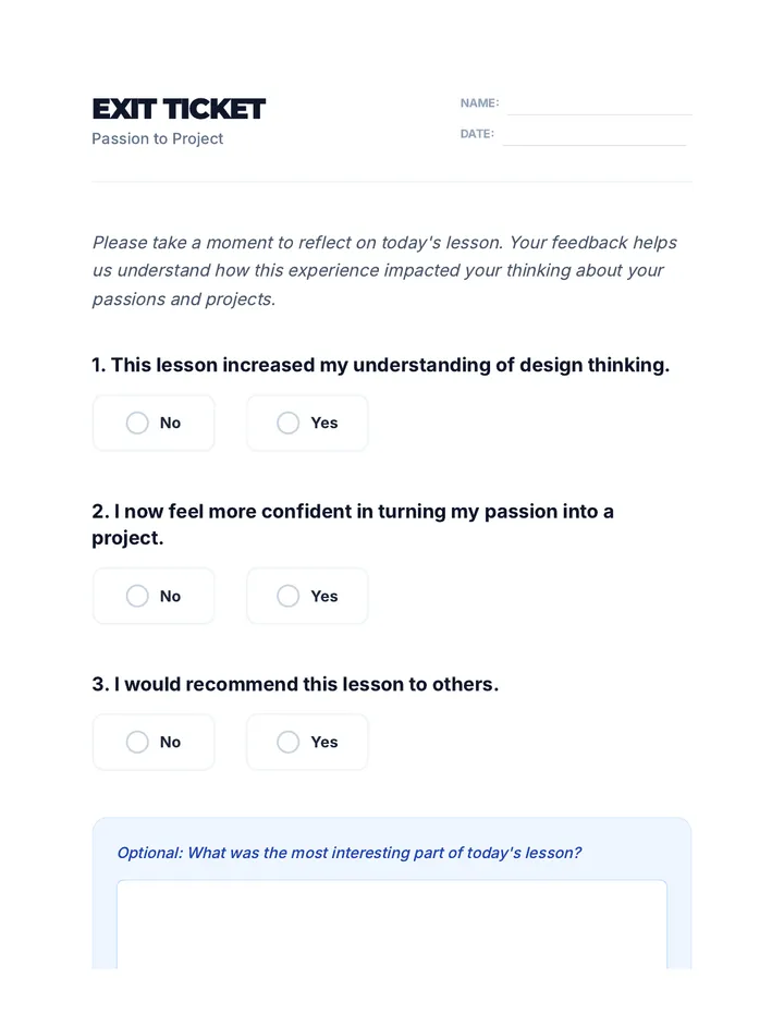 Passion to Project Exit Ticket