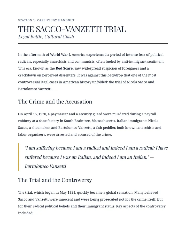 Sacco-Vanzetti Trial Case Study Reading