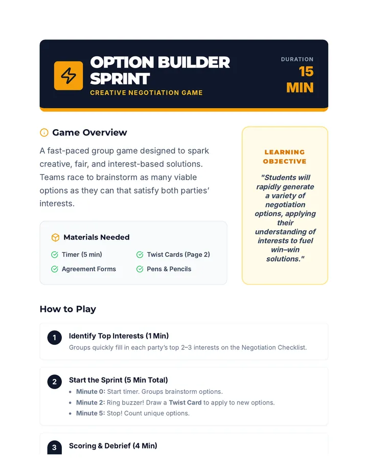 Option Builder Sprint Game