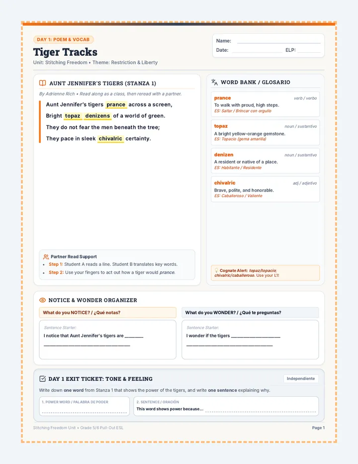 Tiger Tracks Worksheet