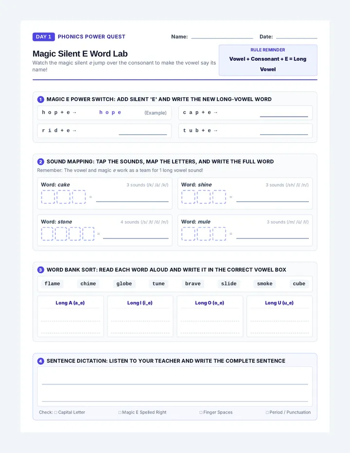 Magic E Decoding Worksheet