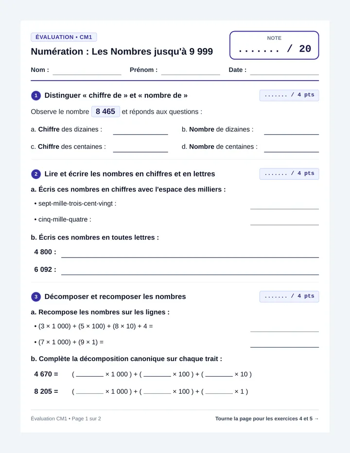 Évaluation Numération CM1