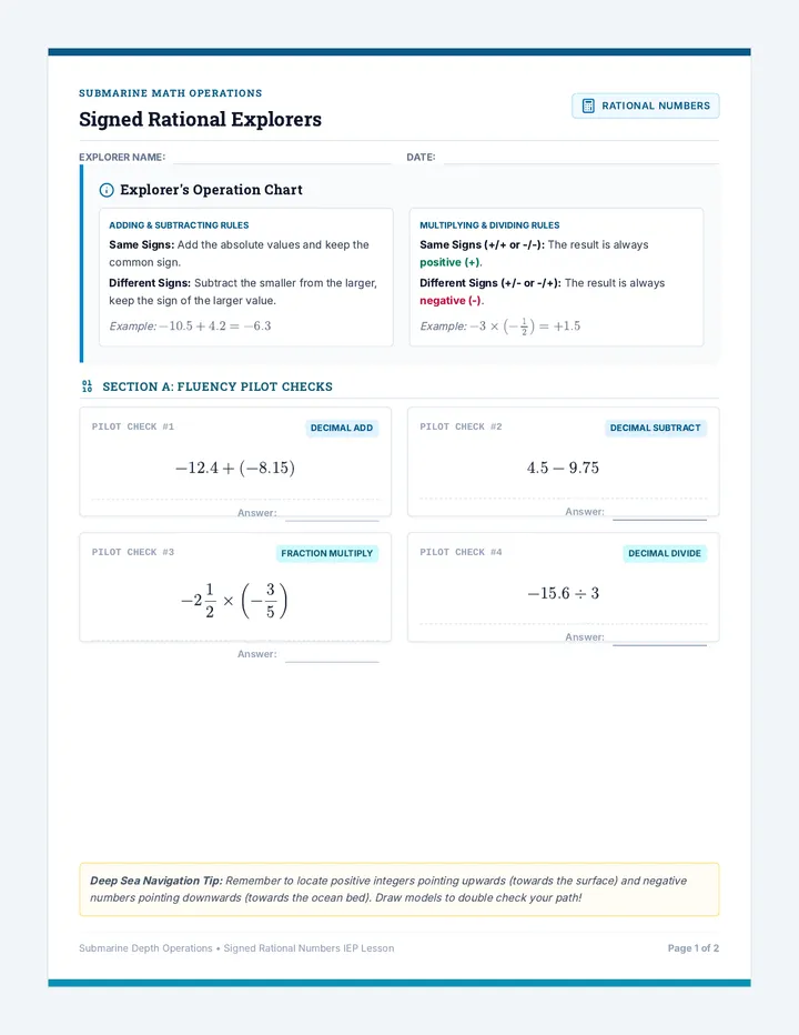 Depth Explorer Math Worksheet