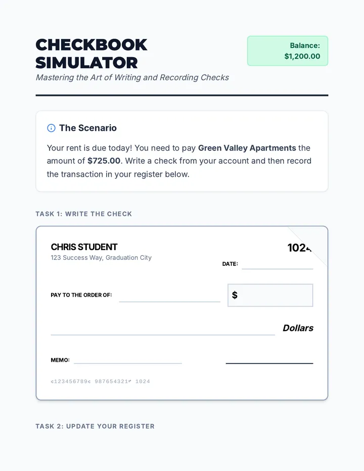 Checkbook Practice Worksheet