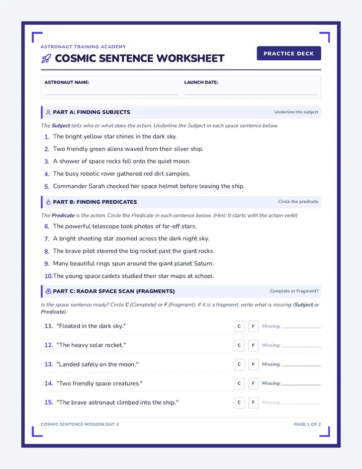 Cosmic Sentence Worksheet