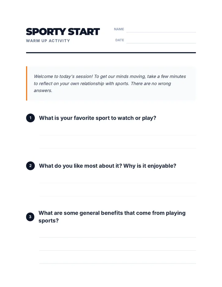 Sporty Start Warm Up Worksheet